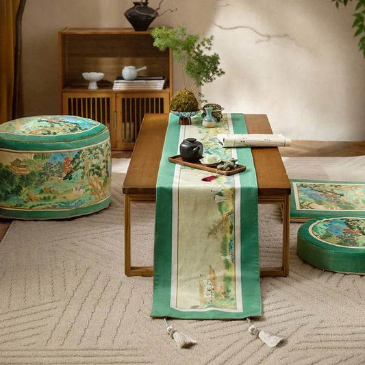 Chinoiserie Elegant Green Mountain Tea Table Runner