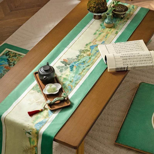 Chinoiserie Elegant Green Mountain Tea Table Runner