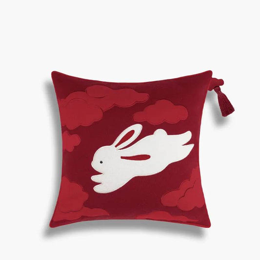 Chinoiserie Embroidery Red Silk Velvet Rabbit Throw Pillow for Sofa
