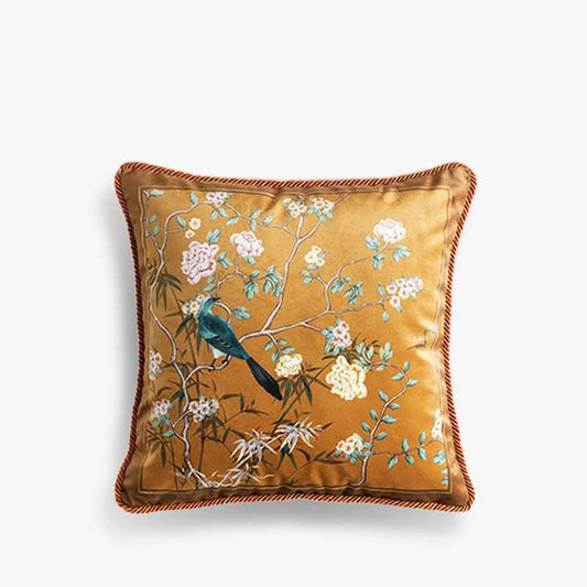 Chinoiserie Original Brown Flowers and Birds Throw Pillow Golden Reverie