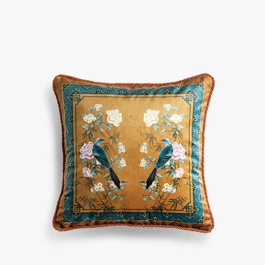 Chinoiserie Original Brown Flowers and Birds Throw Pillow Golden Reverie