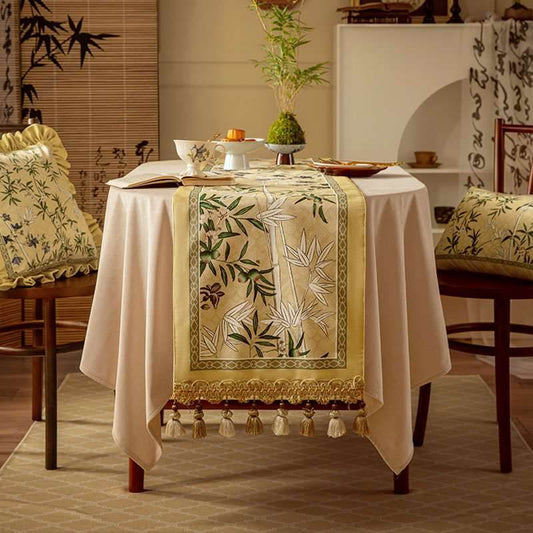 Chinoiserie Traditional Autumn Orchids Yellow Table Runner