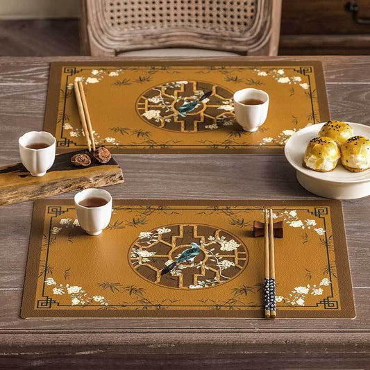Vintage Chinoiserie Palace Style 2-Piece Thick Leather Table Mat – Waterproof Heat Resistant Placemat Set