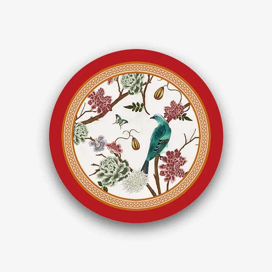 Chinoiserie Phoenix & Peony Round Coaster | Absorbent Non-Slip, Imperial Red