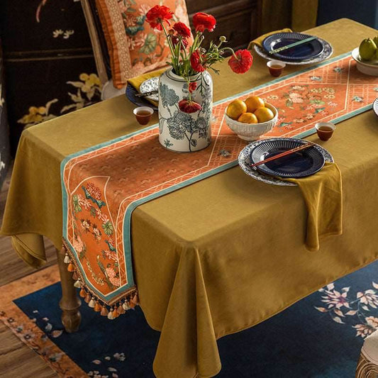 Jiangnan Orange Hydrangea Table Runner – Chinoiserie Lattice Decor