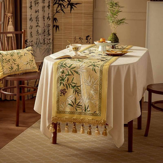 Chinoiserie Traditional Autumn Orchids Yellow Table Runner