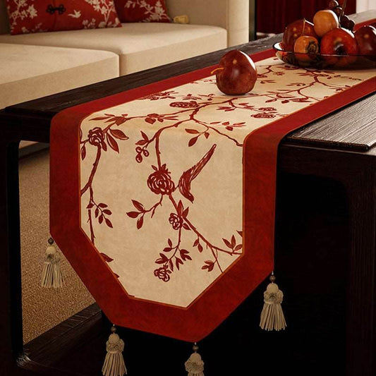 Chinoiserie Wedding Luxe Flower and Bird Red Table Runner