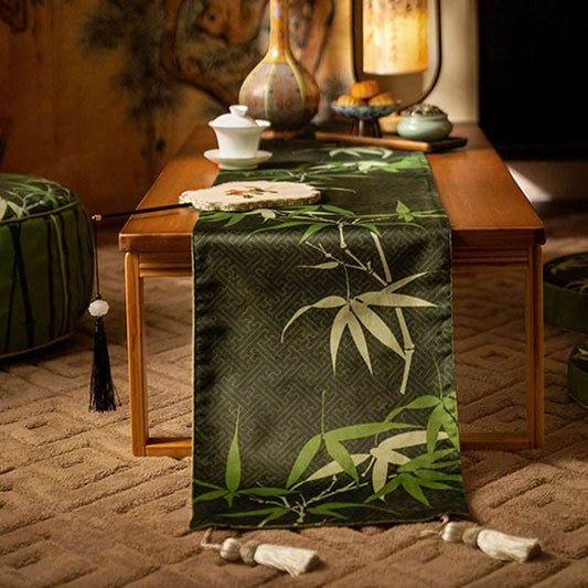 Jiangnan Green Bamboo Table Runner – Chinoiserie Plush Decor