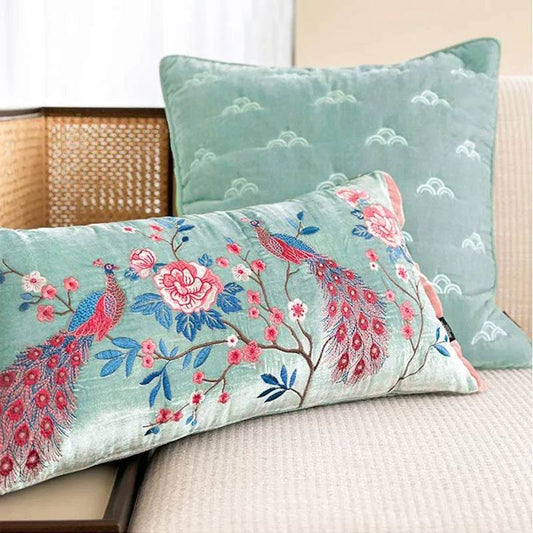 Chinoiserie Embroidery Crane and Peony Bolster Lumbar Pillow