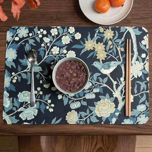 Moonlit Flower Window Chinoiserie Blue Leather Placemat Set (2-Piece) – Waterproof Heat Resistant Table Mat