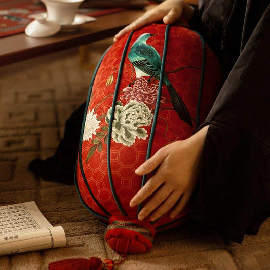 Luxury Chinoiserie Shaped Pillow Red Lantern & Gourd Decor