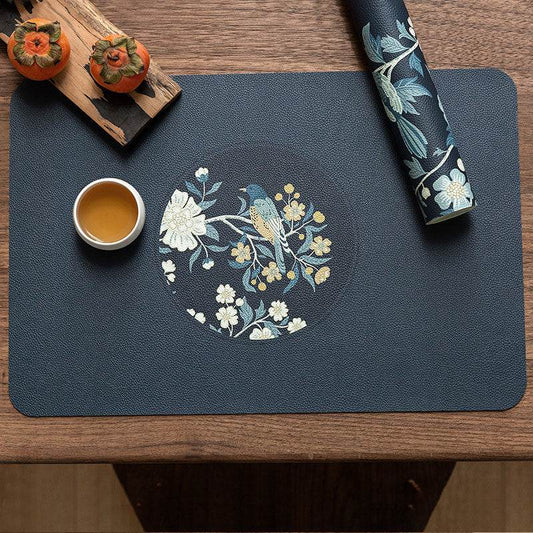 Moonlit Flower Window Chinoiserie Blue Leather Placemat Set (2-Piece) – Waterproof Heat Resistant Table Mat