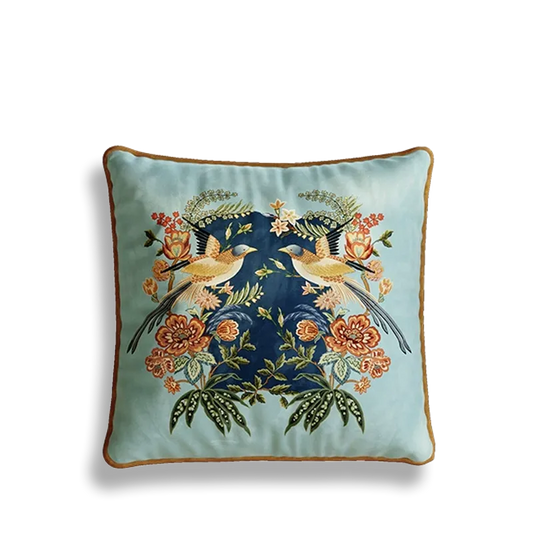 Chinoiserie Watercolor Birds & Blossoms Pillow for Sofa & Bed Decor
