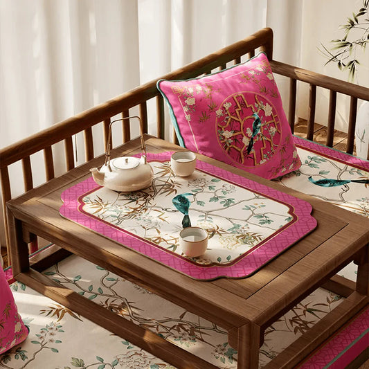 Chinoiserie Pink Floral & Bird Kitchen Drain Mat | Waterproof PU Leather Counter Mat