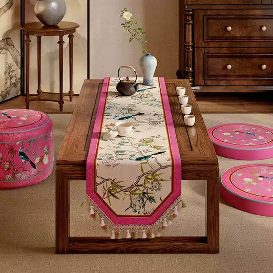 Jiangnan Cerulean Bird Table Runner – Pink Chinoiserie Decor