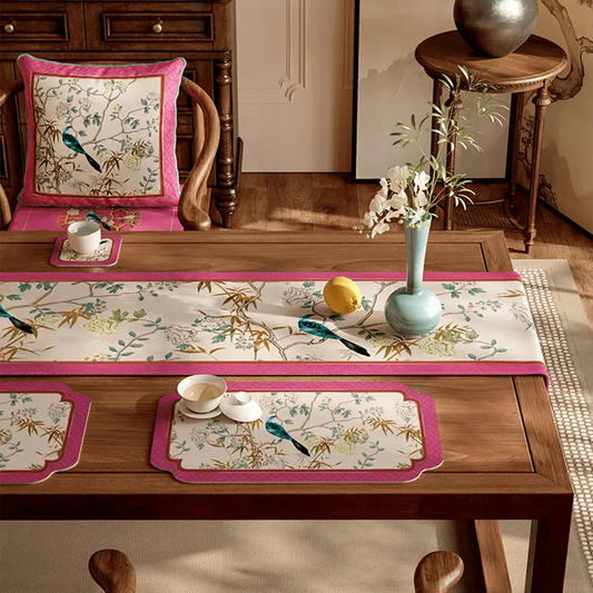 Jiangnan Cerulean Bird Table Runner – Pink Chinoiserie Decor
