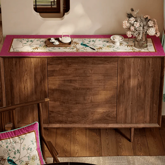 Chinoiserie Floral Bird TV Console Mat | Pink Table Protector