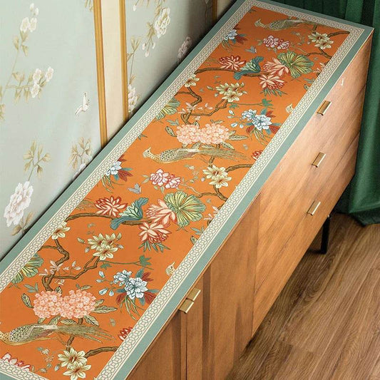 Chinoiserie Mountain Hydrangea TV Console Table Mat | Waterproof PU Leather Runner