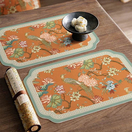 Chinoiserie Mountain Hydrangea Placemats | Retro Orange PU Leather, Set of 2