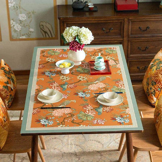 Chinoiserie Mountain Hydrangea Table Runner | Waterproof PU Leather Mat, Retro Orange