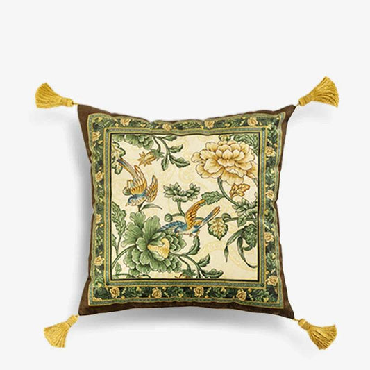 Chinoiserie Original Flowers and Birds Green Throw Pillow