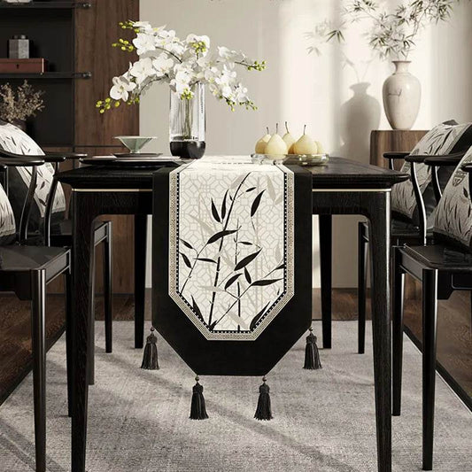 Chinese Bamboo Ink Table Runner – Vintage Black Plush Chinoiserie Tea Table Decor