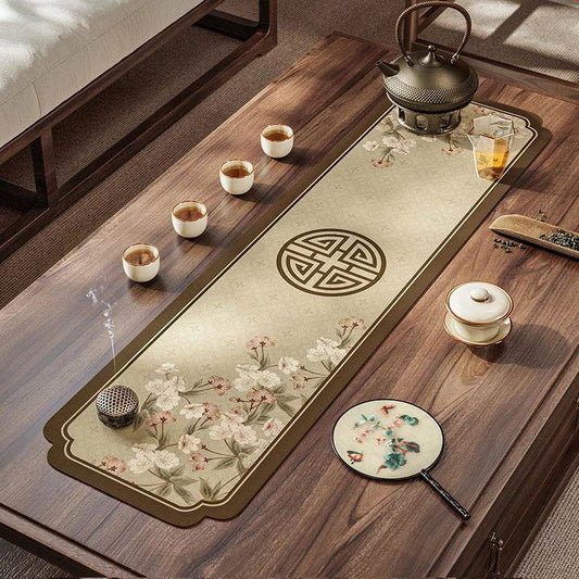 Chinoiserie Floral Tea Table Mat | Amber Yellow PU Leather, Magnolia & Begonia