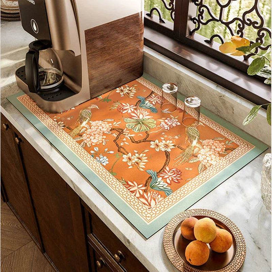 Chinoiserie Spring Floral Kitchen Drain Mat | Absorbent Waterproof PU Leather Counter Mat