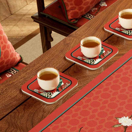 Chinoiserie Imperial Red Tea Mat & Coasters | Waterproof Luxury Leather Tea Table Set