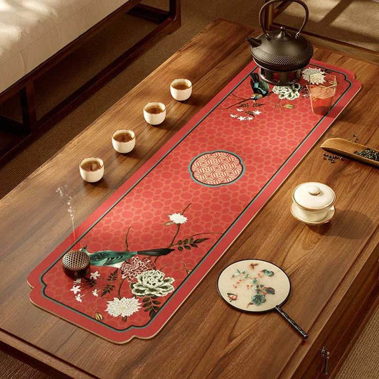 Chinoiserie Imperial Red Tea Mat & Coasters | Waterproof Luxury Leather Tea Table Set