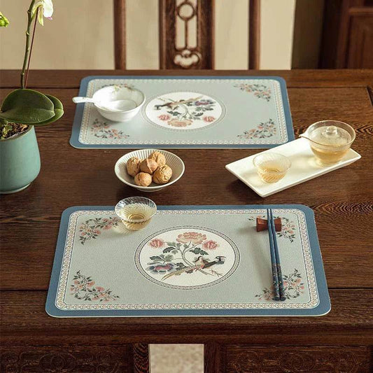 Chinoiserie Bird & Flower Placemats | Waterproof PU Leather, Set of 2
