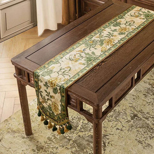Chinoiserie Vintage Floral and Aviary Green Table Runner