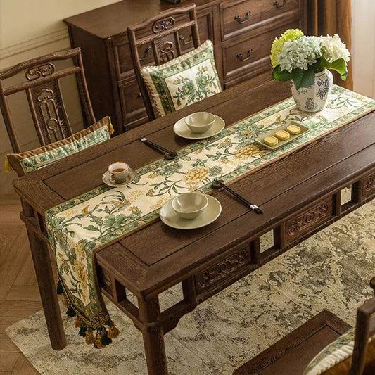 Chinoiserie Vintage Floral and Aviary Green Table Runner