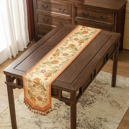Jiangnan Orange Aviary Table Runner – Vintage Floral Chinoiserie Decor Orange