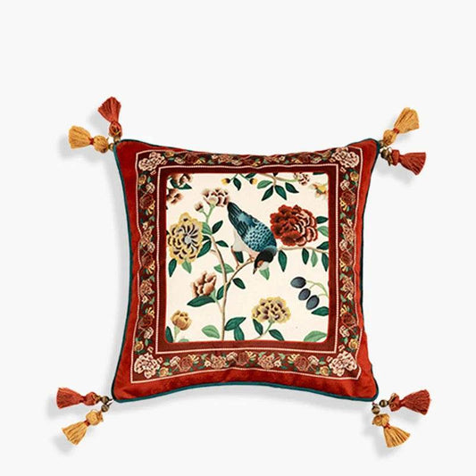 Sinocultural Chinoiserie Wedding Flower and Bird Throw Pillow Joyful Red Celebration