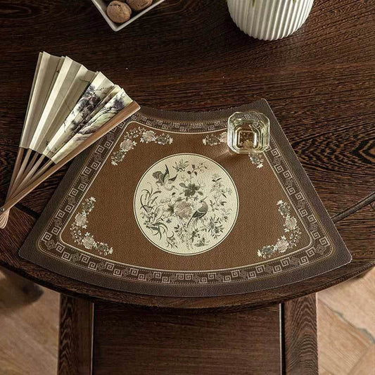 Chinoiserie Woodland Bird Fan-Shaped Leather Placemat Set (2-Piece) – Waterproof Heat Resistant Table Mat