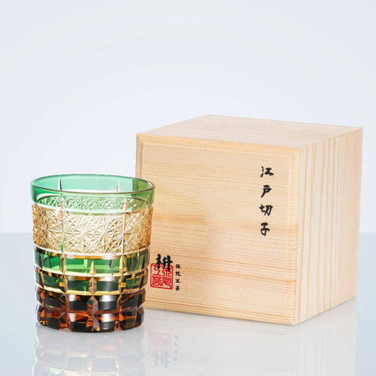 Edo Kiriko Amber & Emerald Diamond-Cut Handcrafted Crystal Whisky & Tea Glass