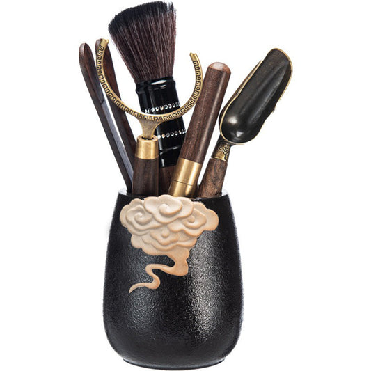 Ebony Tea Utensils Set With Auspicious Clouds Holder