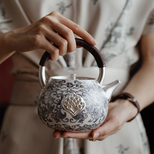 Silver-Gilt Blue And White Porcelain Chinese Teapot