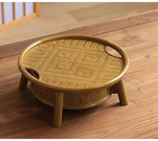 Table de rangement pour thé jaune doré, artisanale chinoise, tissage naturel en bambou, œuvre d'art, table à thé, décoration intérieure, bureau style zen chinois
