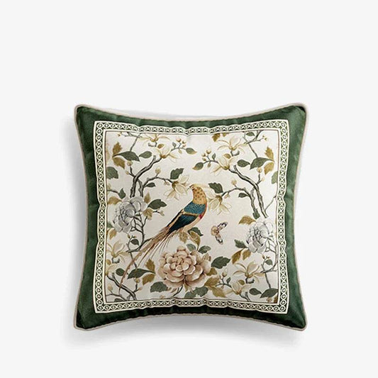 Chinoiserie Flower and Bird Green Throw Pillow Emerald Spring Elegance