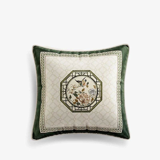 Chinoiserie Flower and Bird Green Throw Pillow Emerald Spring Elegance