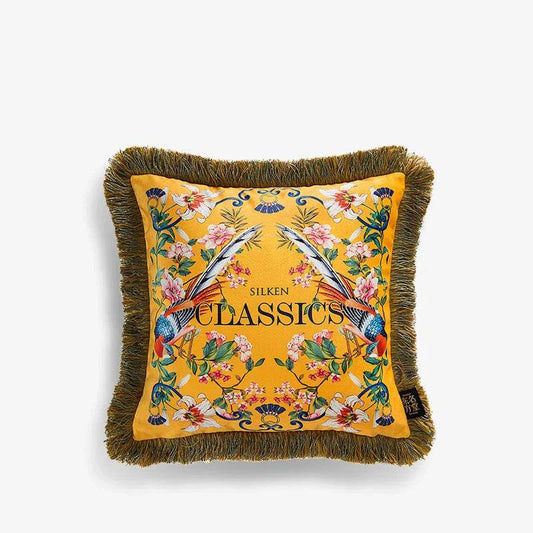 Chinoiserie Yellow Retro Flowers and Birds Throw Pillow