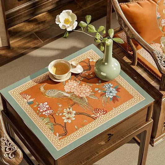 Chinoiserie Mountain Hydrangea Bedside Table Cover | Waterproof PU Leather Table Mat