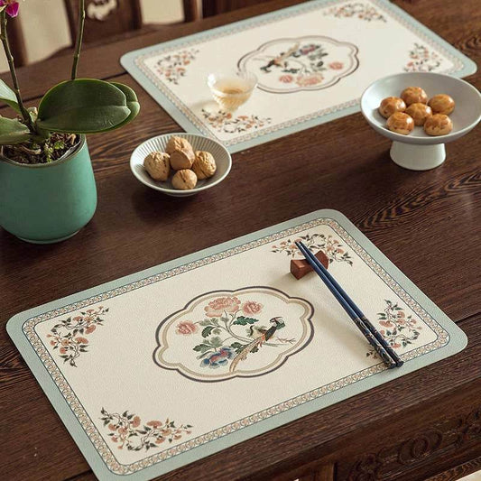 Chinoiserie Bird & Flower Placemats | Waterproof PU Leather, Set of 2