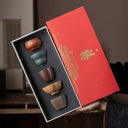 Purple Clay Five Blessings Gongfu Tea Cup Set