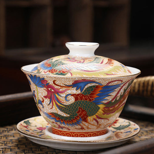 Enamel Porcelain Dragon Phoenix Gaiwan