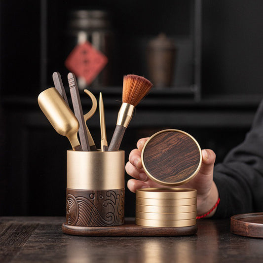 Ebony & Copper Tea Utensils Set With Coaster