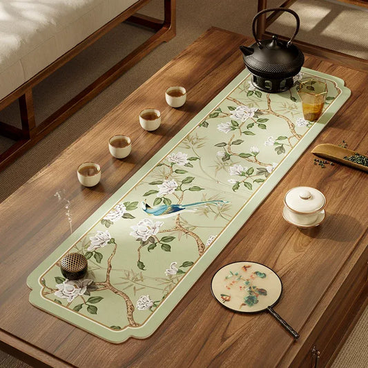 Chinoiserie Jade Green Leather Placemat | Waterproof Gourd-Shaped & Drain Mat, PVC Leather
