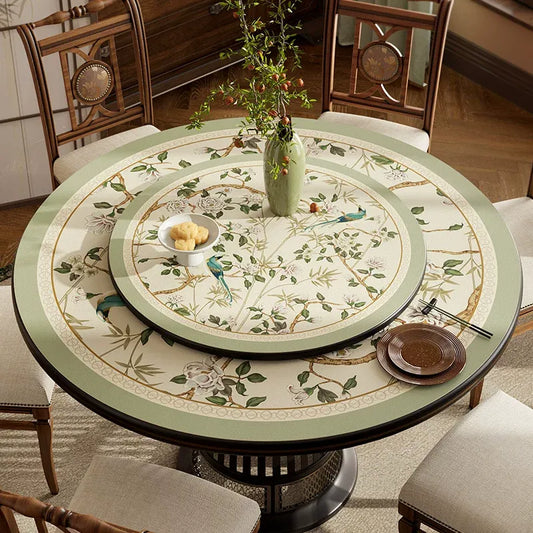 Chinoiserie Jade Green Round Table Cover | Waterproof PVC Leather Table Protector, Lazy Susan Mat
